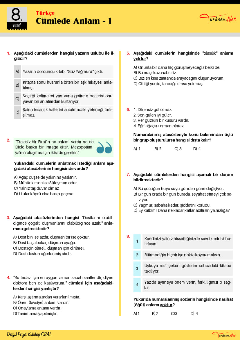 8. Sınıf Cümlede Anlam Testi - 1 (Turkcen Serisi)_1 8. Sınıf Cümlede Anlam Testi - 1 (Turkcen Serisi)_1