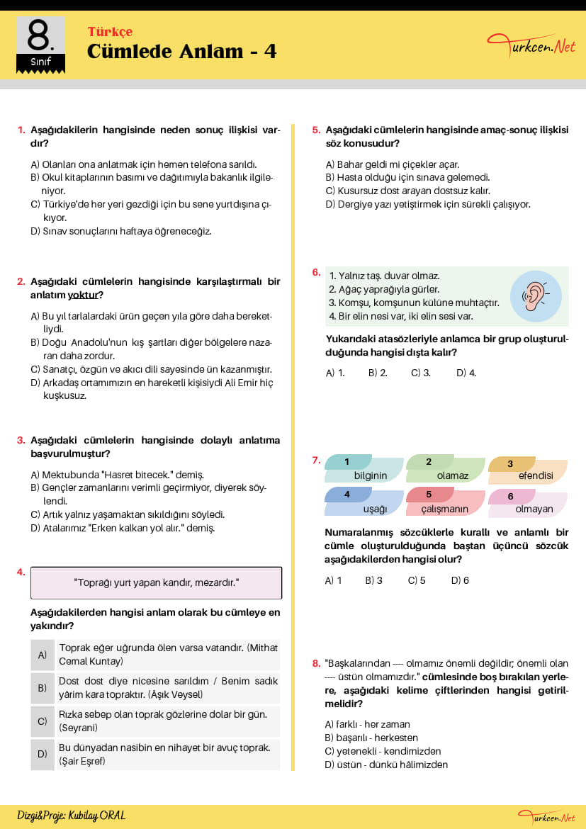 -8. Sinif Cumlede Anlam Testi 4 Turkcen Serisi 1