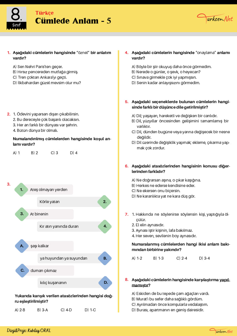 8. Sınıf Cümlede Anlam Testi - 5 (Turkcen Serisi) -8. Sinif Cumlede Anlam Testi 5 Turkcen Serisi 1