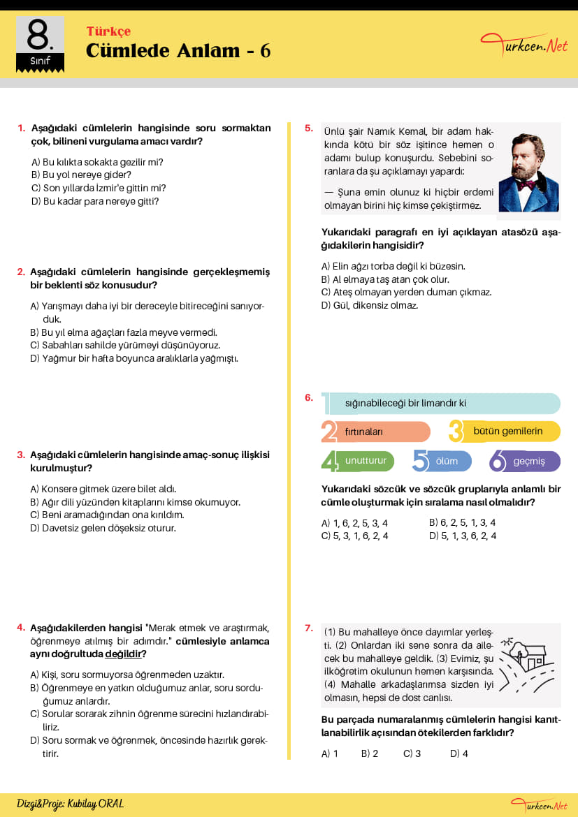 8. Sınıf Cümlede Anlam Testi - 6 (Turkcen Serisi) -8. Sinif Cumlede Anlam Testi 6 Turkcen Serisi 1