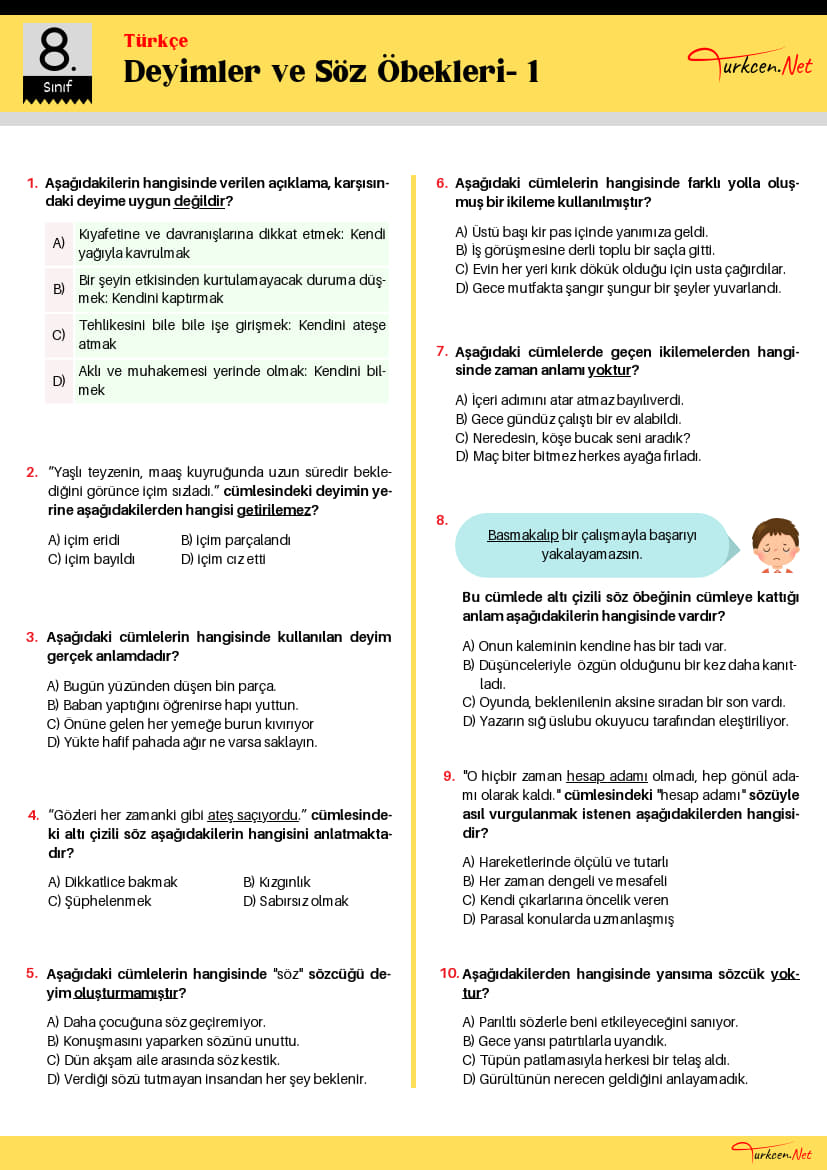 8. Sınıf Deyimler ve Söz Öbekleri Testi-1 (Turkcen Serisi)_1 8. Sınıf Deyimler ve Söz Öbekleri Testi-1 (Turkcen Serisi)_1