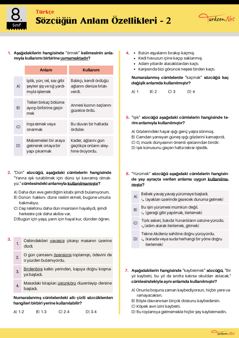 8. Sınıf Sözcüğün Anlam Özellikleri Testi-2 (Turkcen Serisi)_1 8. Sınıf Sözcüğün Anlam Özellikleri Testi-2 (Turkcen Serisi)_1