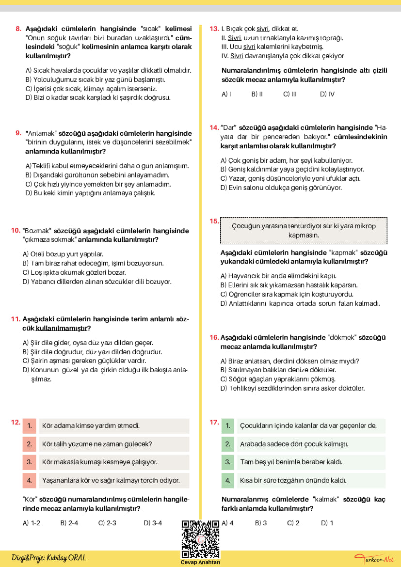 8. Sınıf Sözcüğün Anlam Özellikleri Testi-2 (Turkcen Serisi)_2 8. Sınıf Sözcüğün Anlam Özellikleri Testi-2 (Turkcen Serisi)_2