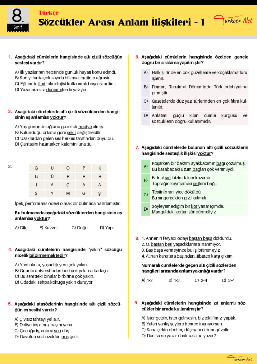 8. Sınıf Sözcükler Arası Anlam İlişkileri Testi-1 (Turkcen Serisi)_1 8. Sınıf Sözcükler Arası Anlam İlişkileri Testi-1 (Turkcen Serisi)_1