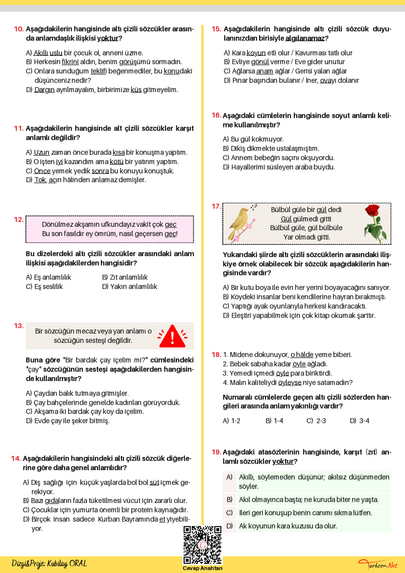 8. Sınıf Sözcükler Arası Anlam İlişkileri Testi-1 (Turkcen Serisi)_2 8. Sınıf Sözcükler Arası Anlam İlişkileri Testi-1 (Turkcen Serisi)_2