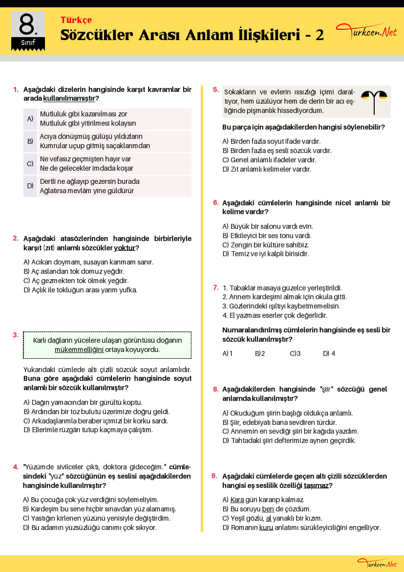 8. Sınıf Sözcükler Arası Anlam İlişkileri Testi-2 (Turkcen Serisi)_1 8. Sınıf Sözcükler Arası Anlam İlişkileri Testi-2 (Turkcen Serisi)_1