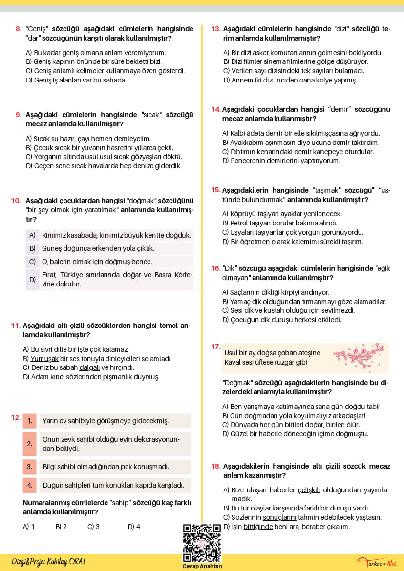 8. Sınıf Sözcükte Anlam Testi-1 (Turkcen Serisi)_2 8. Sınıf Sözcükte Anlam Testi-1 (Turkcen Serisi)_2