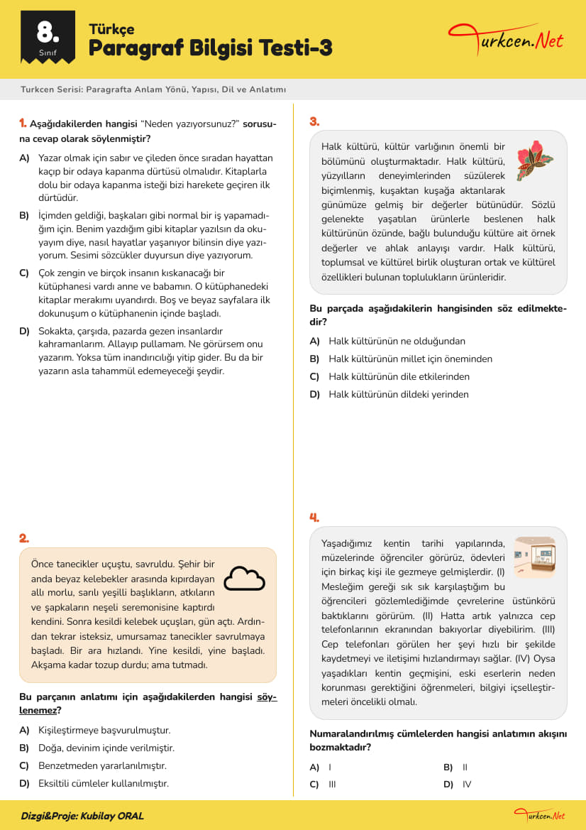 8. Sınıf Türkçe - Paragraft Bilgisi Testi-3_1 8. Sınıf Türkçe - Paragraft Bilgisi Testi-3_1