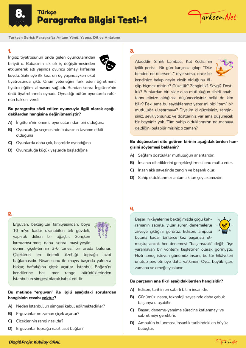 8. Sınıf Türkçe - Paragrafta Bilgisi Testi-1_1 8. Sınıf Türkçe - Paragrafta Bilgisi Testi-1_1