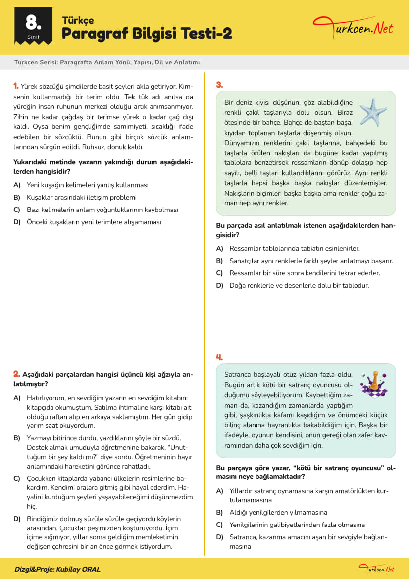 8. Sınıf Türkçe - Paragrafta Bilgisi Testi (2)_2 8. Sınıf Türkçe - Paragrafta Bilgisi Testi (2)_2