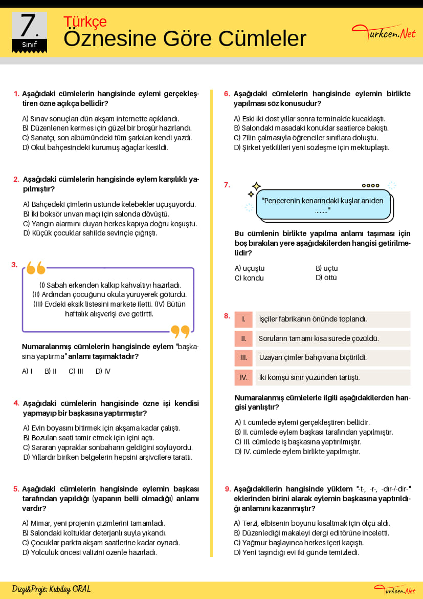 7. Sınıf Öznesine Göre Cümleler Testi (Turkcen Serisi) -Oznesine Gore Cumleler 1