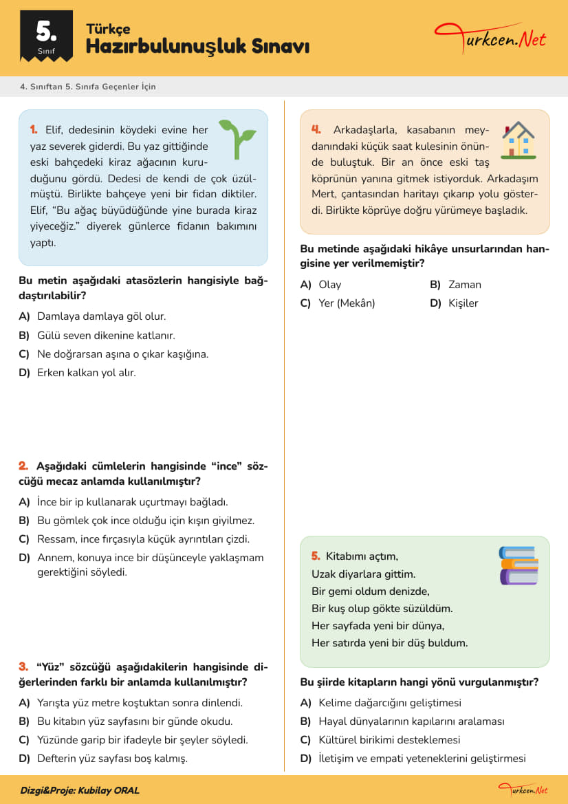 5. Sınıf Türkçe Hazırbulunuşluk Sınavı_1 5. Sınıf Türkçe Hazırbulunuşluk Sınavı_1