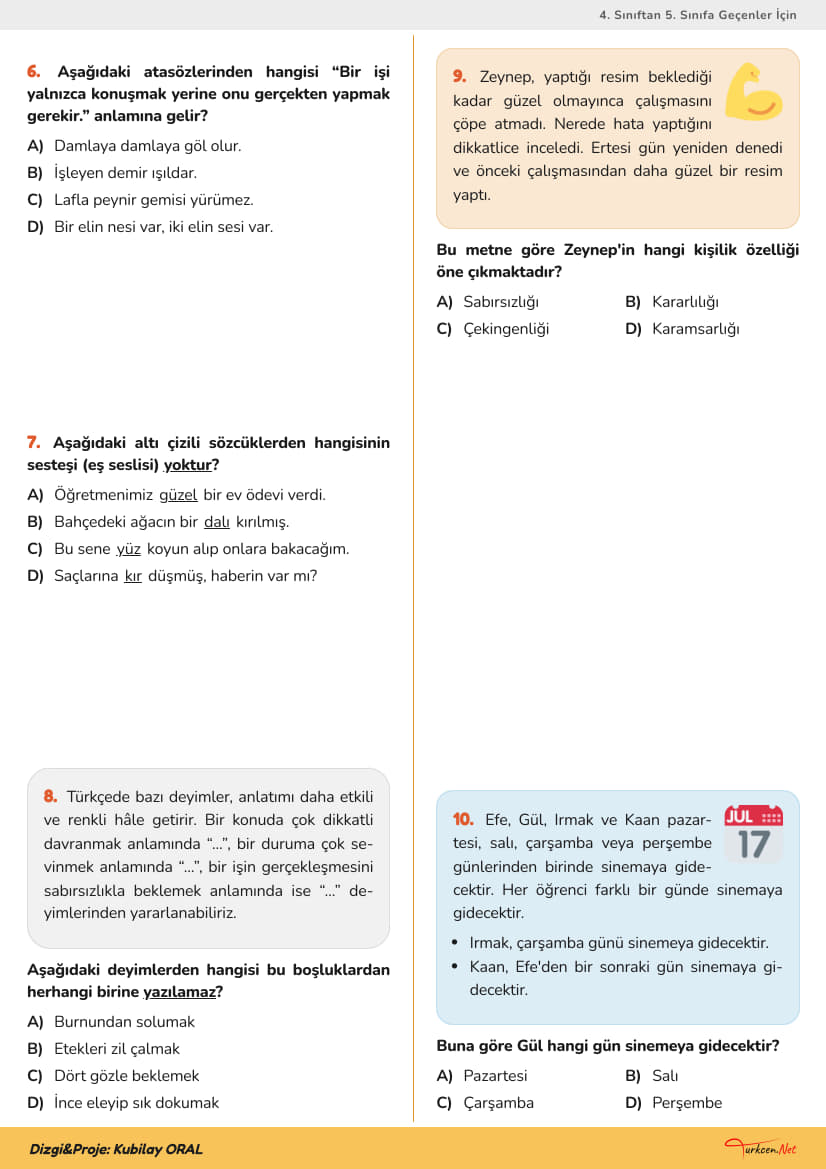 5. Sınıf Türkçe Hazırbulunuşluk Sınavı_2 5. Sınıf Türkçe Hazırbulunuşluk Sınavı_2