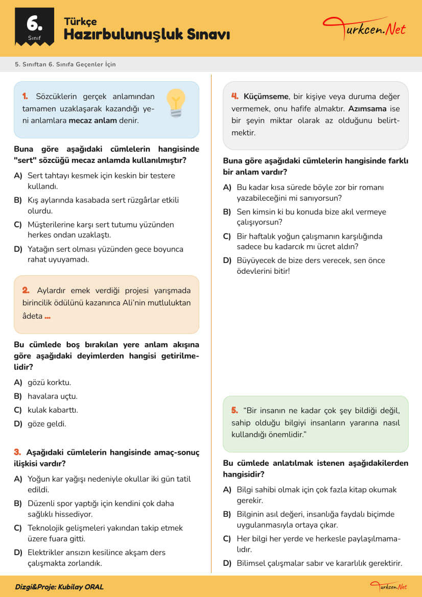 6. Sınıf Türkçe Hazırbulunuşluk Sınavı_1 6. Sınıf Türkçe Hazırbulunuşluk Sınavı_1