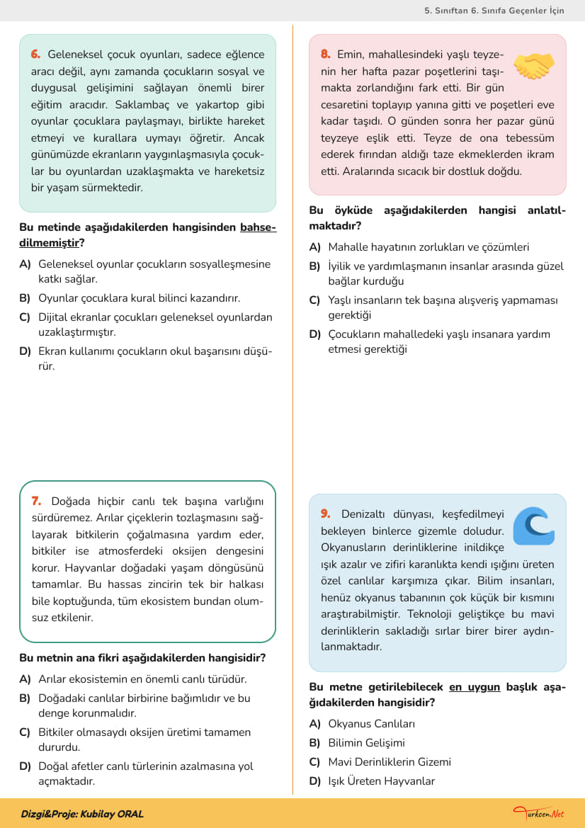 6. Sınıf Türkçe Hazırbulunuşluk Sınavı_2 6. Sınıf Türkçe Hazırbulunuşluk Sınavı_2