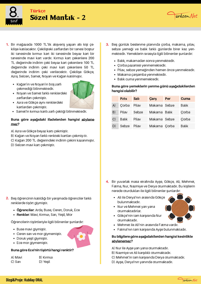 8. Sınıf Sözel Mantık Testi-2 (Turkcen Serisi) -8. Sinif Sozel Mantik Testi 2 Turkcen Serisi 1