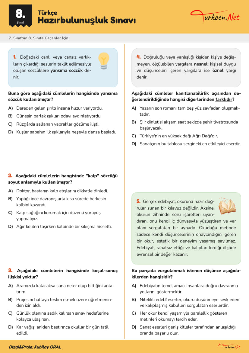 8. Sınıf Türkçe Hazırbulunuşluk Sınavı_1 8. Sınıf Türkçe Hazırbulunuşluk Sınavı_1